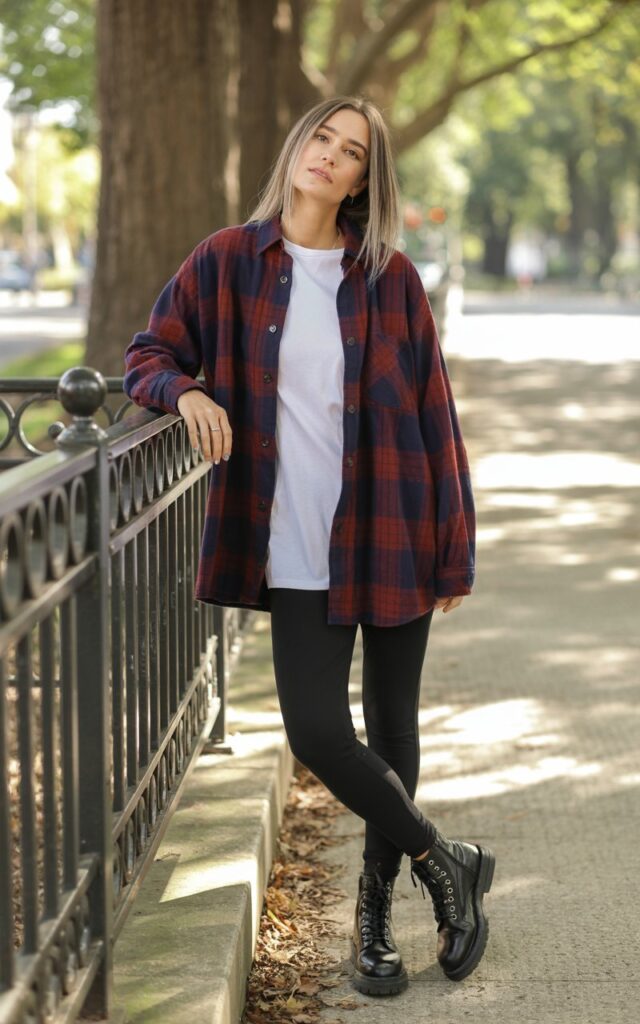 Full-body street-style shot of a white-skinned female model near a park path, wearing a relaxed plaid overshirt over a white tee, black leggings, and combat boots. Natural daylight with light shadows from trees. Hair is straight and parted cleanly. She leans casually on a railing with a soft, calm expression.