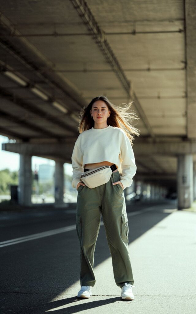 Full-body street-style shot under an overpass. She wears an ivory cropped sweater, olive cargo pants, sneakers, and a belt bag. Hair is long and slightly windswept. Moody natural light with shadows. She stands with hands in pockets, expression cool and confident.