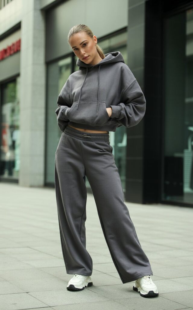 Full-body streetwear-style photo on a modern city sidewalk. Model wears a cropped gray hoodie, wide-leg joggers, chunky sneakers, and a sleek ponytail. Natural daylight with a slight overcast for even lighting. Hands in pockets, relaxed and cool. Editorial realism with soft shadows and textured fabrics.
