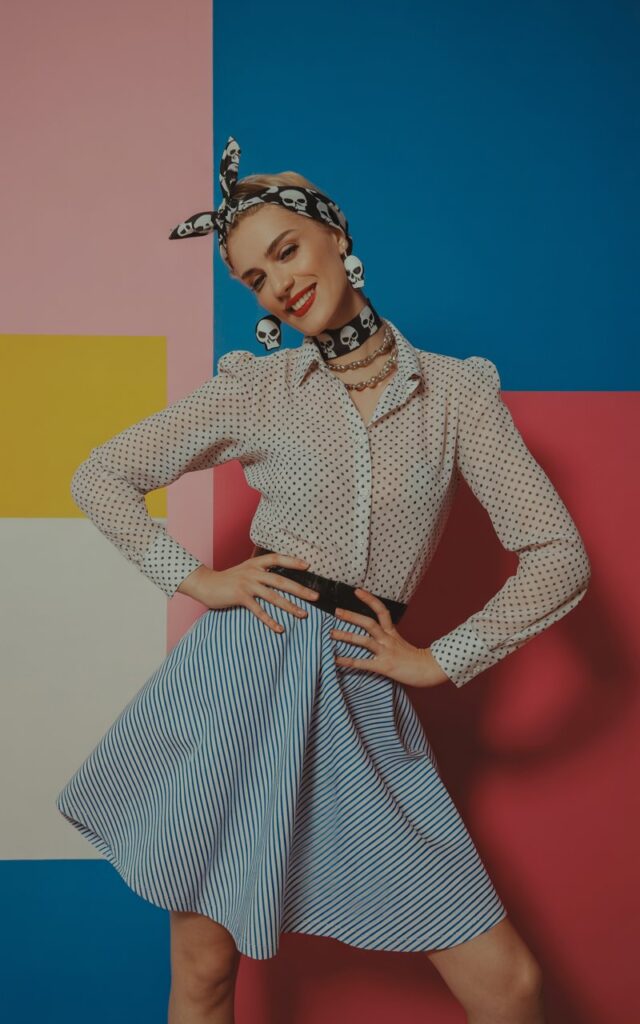 Full-body studio photo with patterned backdrop. Model wears a polka-dot blouse, striped skirt, and skull-printed accessories. Mix of bold textures and fabrics. Soft, indirect lighting. Playful yet edgy pose — hands on hips, smirk with attitude. Vibrant pop-art aesthetic.