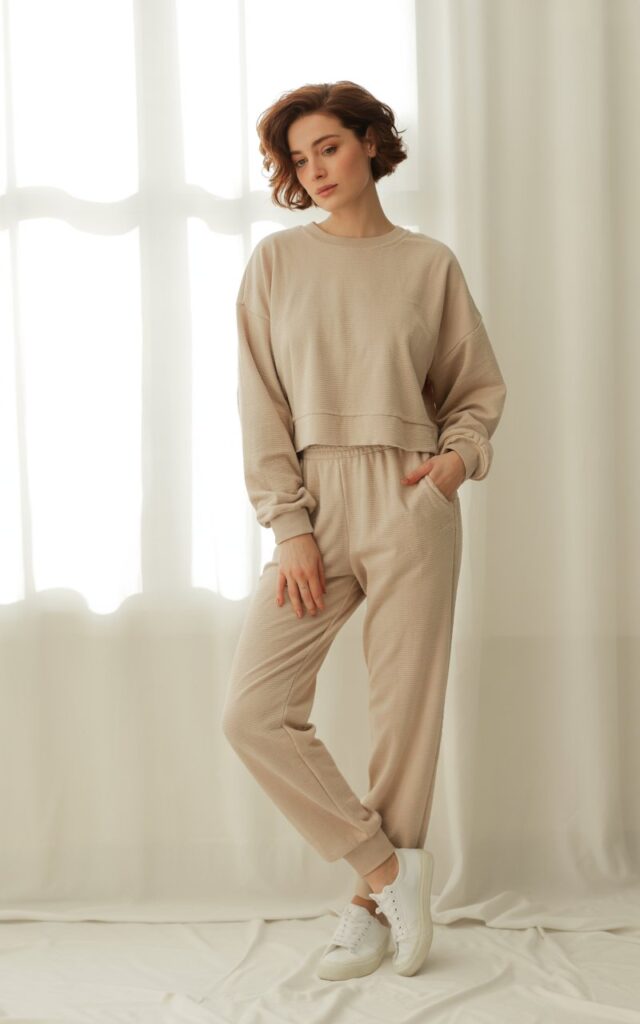 Full-body studio shot of a white-skinned woman with short brown hair styled in loose waves. She wears a neutral beige matching lounge set with a cropped sweatshirt and joggers, paired with white sneakers. Soft indoor window light gives the image a cozy, airy tone. She poses naturally with one hand in her pocket.