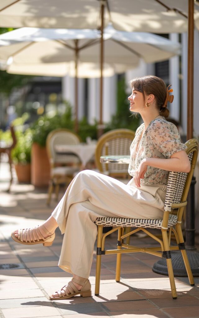 Full-body view at an outdoor café patio. She wears a soft floral blouse, flowy trousers, and strappy sandals. Hair pinned loosely in a claw clip. She sits on a chair with one leg crossed, looking relaxed and fresh.