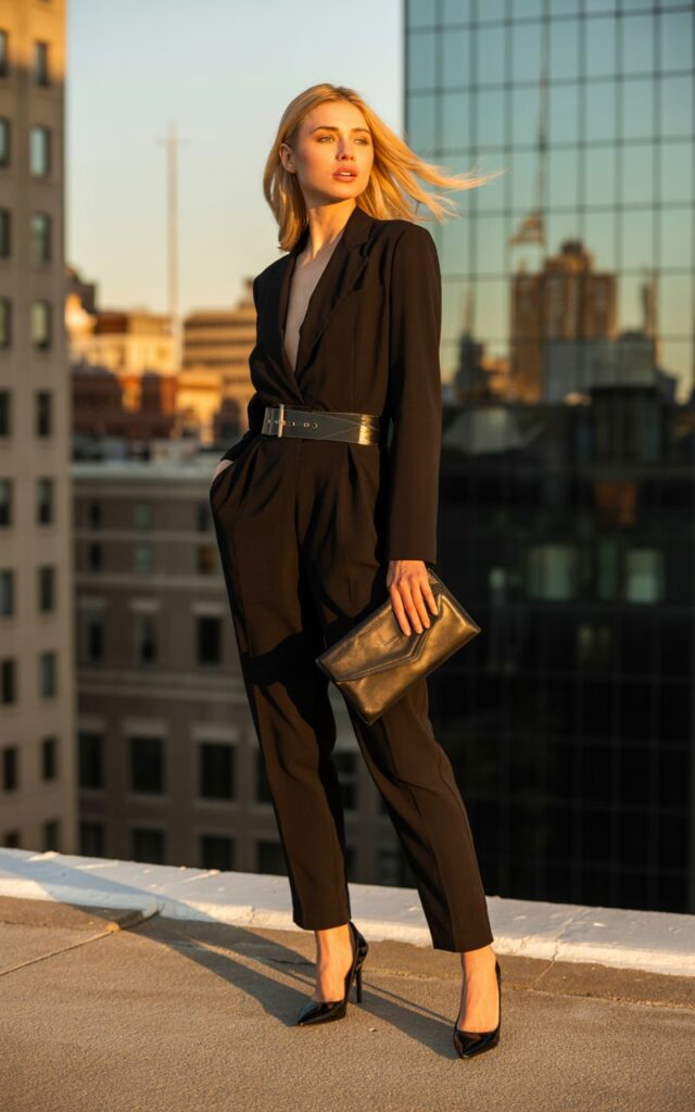 Full-body view of a blonde-haired model in a sleek, black monochrome jumpsuit, wide belt, and black heels, accessorized with a minimalist clutch. Urban rooftop background at sunset with golden hour lighting. Standing confidently, looking off-camera, hair flowing naturally. Detailed fabric texture and authentic skin features visible.