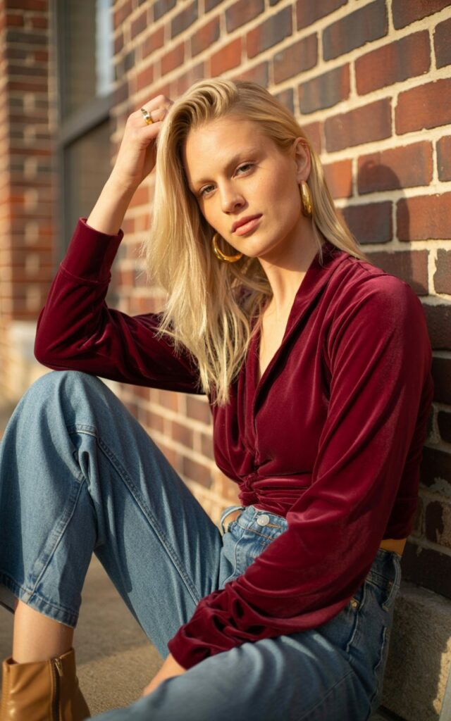 Full-body view of a blonde model in a deep burgundy velvet top, high-waisted denim jeans, and tan ankle boots, accessorized with gold hoop earrings. Leaning casually against a brick wall during golden hour. Relaxed expression, hand brushing hair naturally. Authentic skin and fabric textures visible.