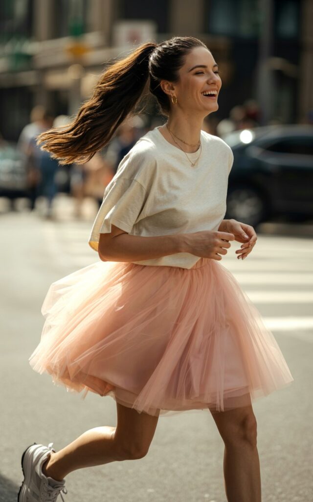 Full-body view of a brunette model with a high ponytail, wearing a pastel pink tulle skirt and white graphic tee, chunky white sneakers, and playful accessories. Walking on a city street with soft morning light. Pose mid-step, candid laughter, natural editorial realism with fabric volume visible.