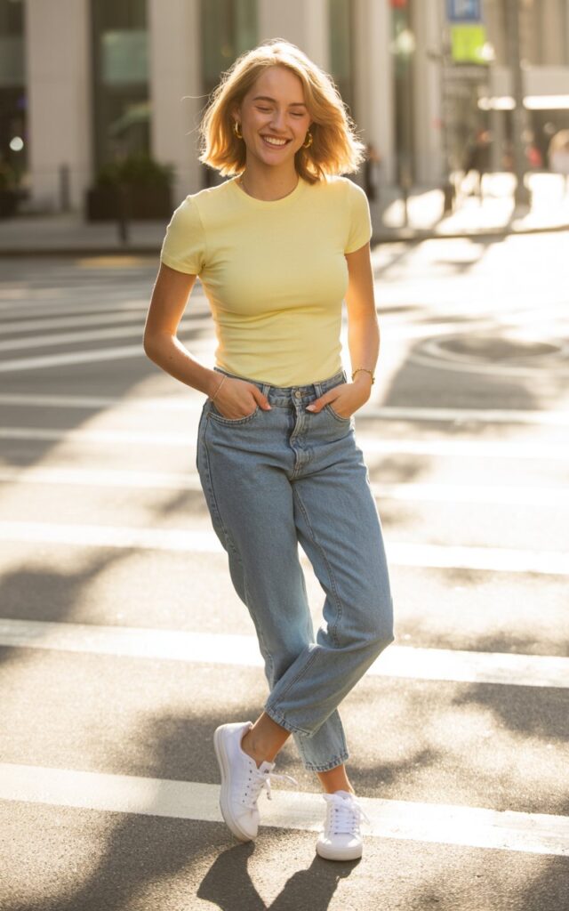 Full-body view of a fair-skinned model with wavy blonde hair, wearing a pastel yellow baby tee, low-rise light blue jeans, and white sneakers. Background is a sunny urban street with shadows from buildings. Model stands casually with hands in pockets, relaxed grin, playful expression. Accessories include small gold hoop earrings and a minimalist bracelet.