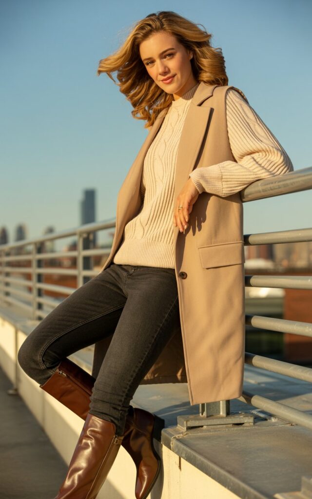 Full-body view of a model in a beige longline vest over a cream knit sweater and dark skinny jeans, styled with knee-high boots. Urban rooftop in late afternoon light. Hair in soft waves, flowing naturally. She leans against a railing casually, smiling softly. Realistic textures of knit and denim, skin details, and natural shadows emphasized.