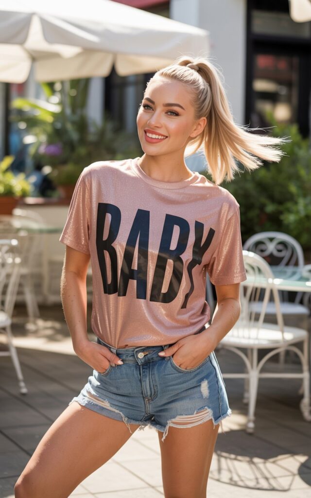 Full-body view of a model in a bright café patio, wearing a glittery pink baby tee with a bold slogan and low-rise denim shorts. Soft morning natural light. Straight hair in a sleek high ponytail, glossy lips, playful expression. She stands with one hip popped, hands in pockets, looking candid and lively.