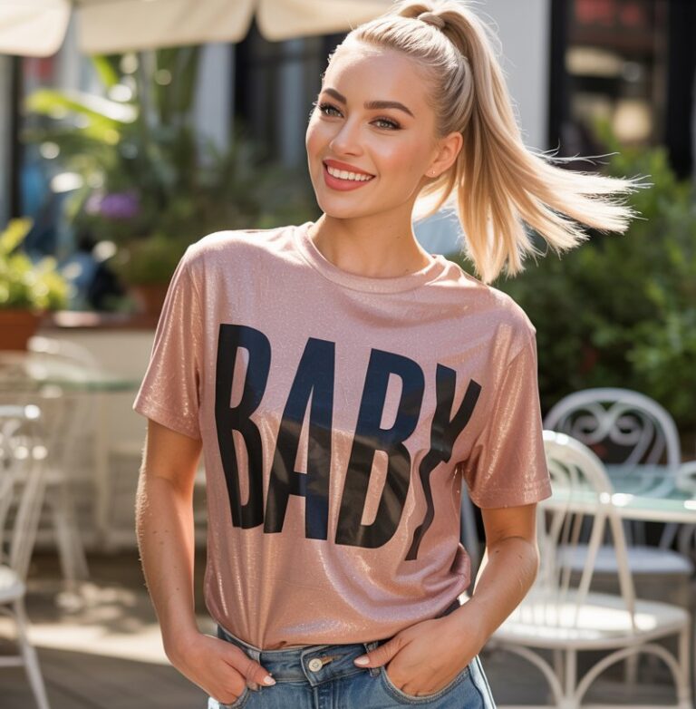 Full-body view of a model in a bright café patio, wearing a glittery pink baby tee with a bold slogan and low-rise denim shorts. Soft morning natural light. Straight hair in a sleek high ponytail, glossy lips, playful expression. She stands with one hip popped, hands in pockets, looking candid and lively.
