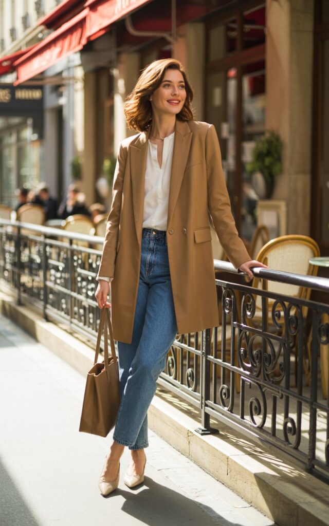 Full-body view of a model in a camel longline blazer over a white blouse and blue straight-leg jeans, with pointed flats and a tote bag. Street-side café setting with morning sunlight. Hair in loose waves, natural movement. She leans lightly against a railing, smiling softly, relaxed pose. Editorial realism, detailed fabric textures and natural skin tones emphasized.