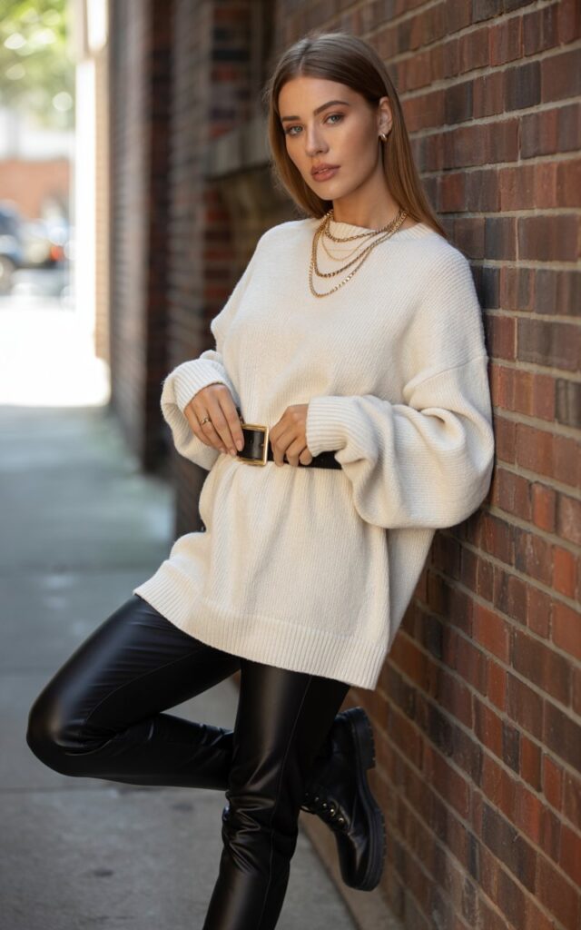 Full-body view of a model in a chunky oversized sweater belted at the waist over black leather leggings, black combat boots, and layered gold necklaces. Leaning against a brick wall in an urban alleyway, natural daylight highlighting textures. Hair straight and sleek, slight natural makeup. Hands adjusting the belt, confident expression. Subtle skin texture, natural shadows.