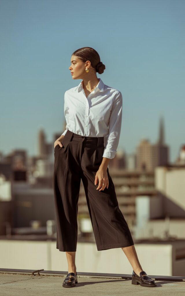 Full-body view of a model in a crisp white button-up shirt and black cropped culottes, styled with loafers and minimal jewelry. Urban rooftop with city skyline in soft afternoon light as background. Hair is slicked back in a polished low bun. She stands confidently with one hand on her hip, slightly tilting her head. Natural editorial style, realistic shadows and clothing folds visible.
