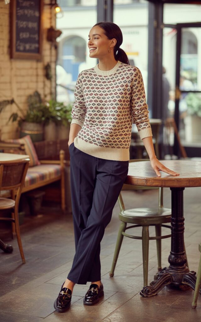 Full-body view of a model in a patterned fair isle sweater with solid navy trousers, black loafers, and small hoop earrings. Cozy café interior with warm natural light. Hair in a low ponytail, subtle makeup. Standing near table, playful expression. Visible skin texture, realistic knit details.