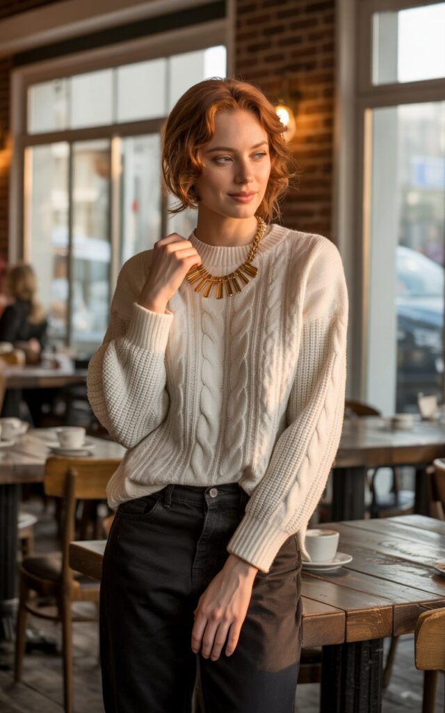 Full-body view of a model in a plain white sweater, dark jeans, and a bold statement necklace. Cozy café interior with warm morning light. Hair loose in soft curls, minimal makeup. Standing near a table, hands adjusting necklace, subtle smile. Realistic editorial look with knit textures and natural skin features.