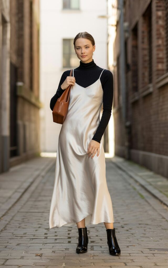 Full-body view of a model wearing a black turtleneck layered under a silky ivory slip dress, paired with ankle boots and a leather shoulder bag. She stands on a quiet urban alley in diffused morning light. Hair is naturally straight, tucked behind ears. She gazes at the camera with a soft smile, one hand resting on her hip. Fabric drape and realistic skin details visible.