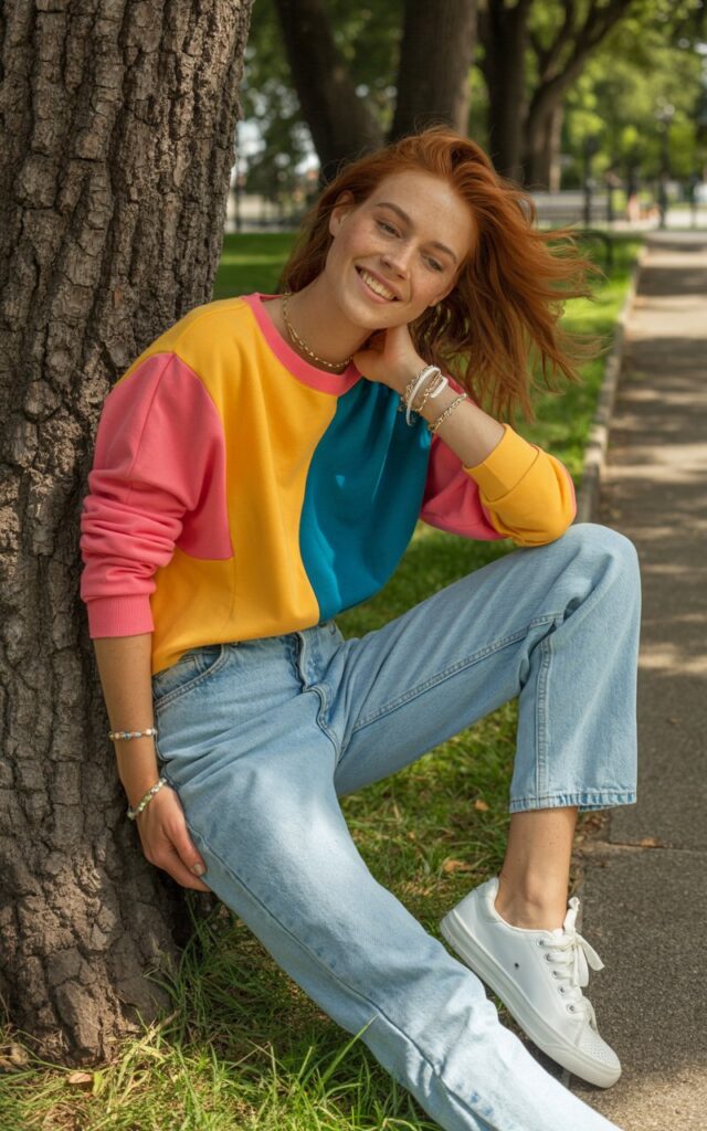 Full-body view of a model wearing a bright color-blocked sweater with light blue mom jeans, white sneakers, and layered bracelets. Standing in a sunny park path, natural daylight. Hair loose and tousled, minimal makeup. Leaning against a tree, relaxed smile. Skin texture visible, realistic shadows.