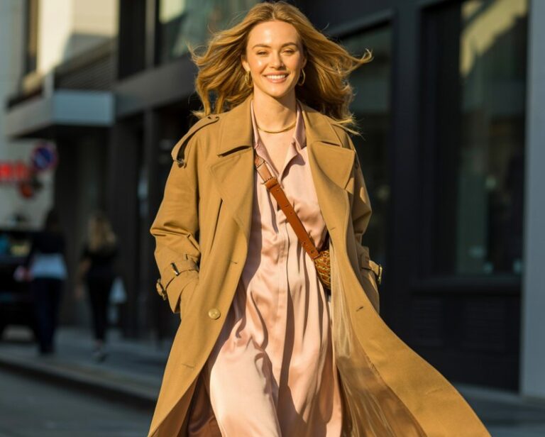 Full-body view of a model wearing a camel belted trench coat over a soft blush midi dress, paired with heeled boots and a crossbody bag. Sidewalk in an urban street with golden hour sunlight. Hair in loose waves, framing her face. She walks confidently, hands slightly in pockets, smiling. Trench coat drape and realistic folds highlighted.