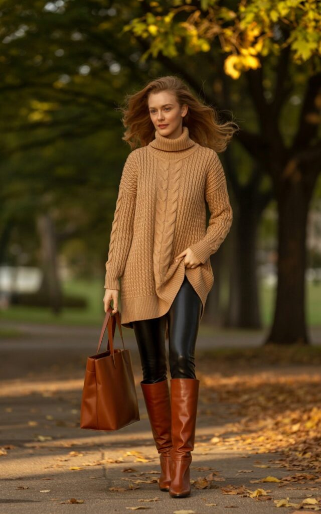 Full-body view of a model wearing a camel knit tunic over black leggings with brown knee-high boots, accessorized with a leather tote. Autumn park in golden hour sunlight. Hair is loose and wavy, softly blowing. She stands with one hand in pocket, smiling subtly. Realistic knit textures, shadows, and natural skin tones emphasized.