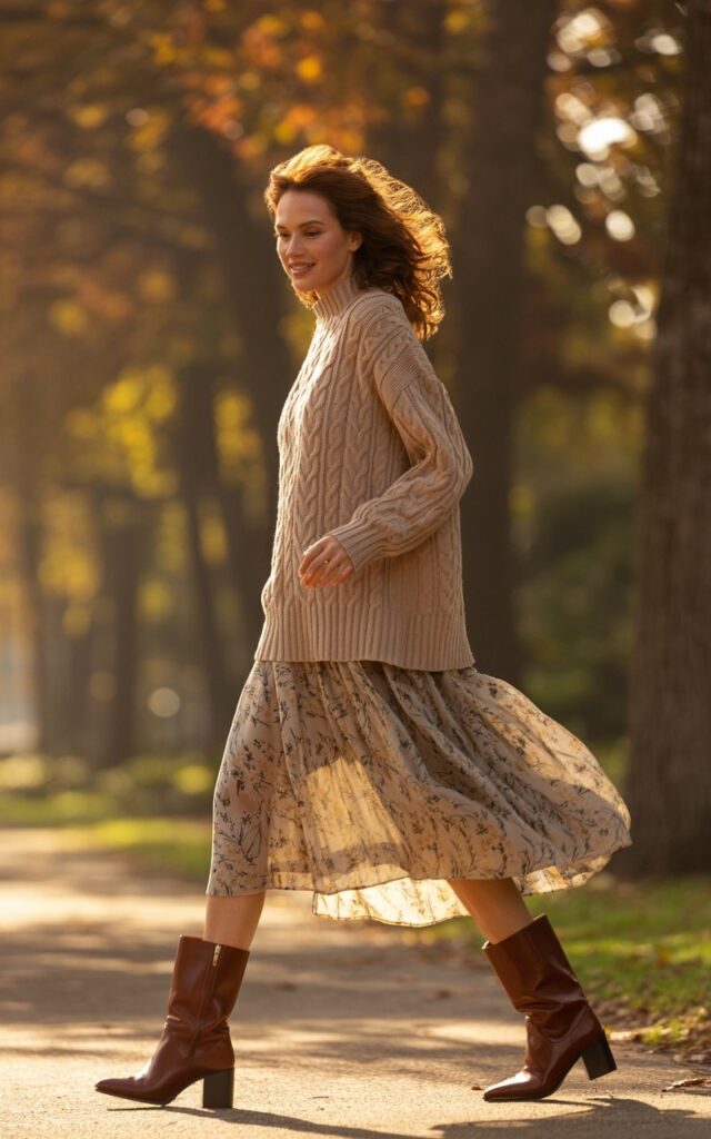 Full-body view of a model wearing a chunky beige sweater layered over a printed midi dress with brown heeled boots. Nature path with autumn foliage, soft morning sunlight. Hair loosely curled, natural makeup. Walking forward, hand brushing dress, soft smile. Textures of knit and dress highlighted, realistic editorial style.
