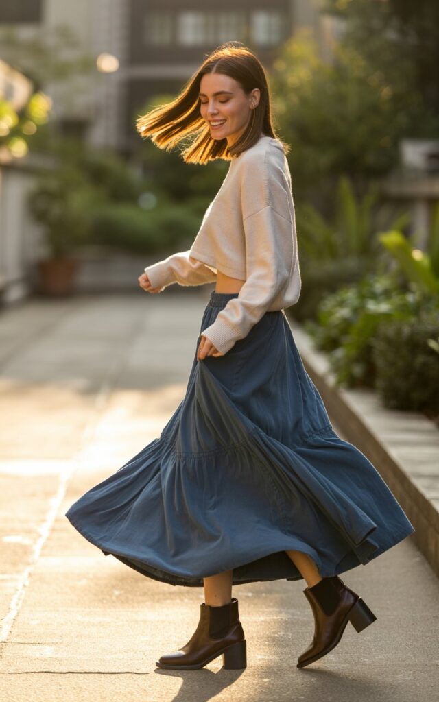 Full-body view of a model wearing a cream cropped sweater with a flowing navy maxi skirt and ankle boots. Urban garden pathway in morning light. Hair is straight with natural shine, tucked behind one ear. She spins slightly, playful expression, showing movement of the skirt. Natural skin textures and realistic folds in fabric highlighted.