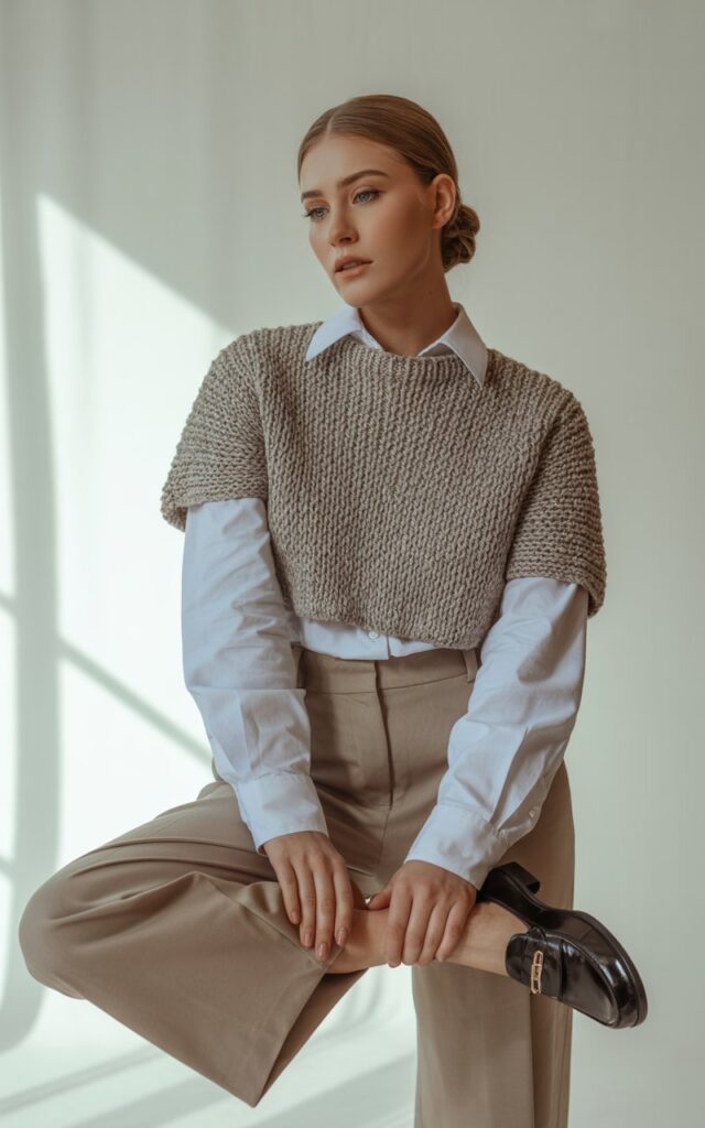 Full-body view of a model wearing a cropped knit over a white button-up shirt with high-waist trousers and loafers. Studio with soft window light. Hair in low bun, minimal makeup. Hands adjusting shirt cuffs, confident gaze. Editorial realism with knit and shirt textures visible.