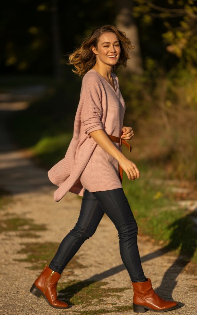 Full-body view of a model wearing a dusty pink tunic over dark skinny jeans, accessorized with brown ankle boots and a thin belt. Nature trail during golden hour as background. Hair is loosely curled, flowing naturally in the breeze. She walks lightly, turning her head toward the camera with a playful smile. Skin texture, knit textures, and realistic shadows captured in detail.