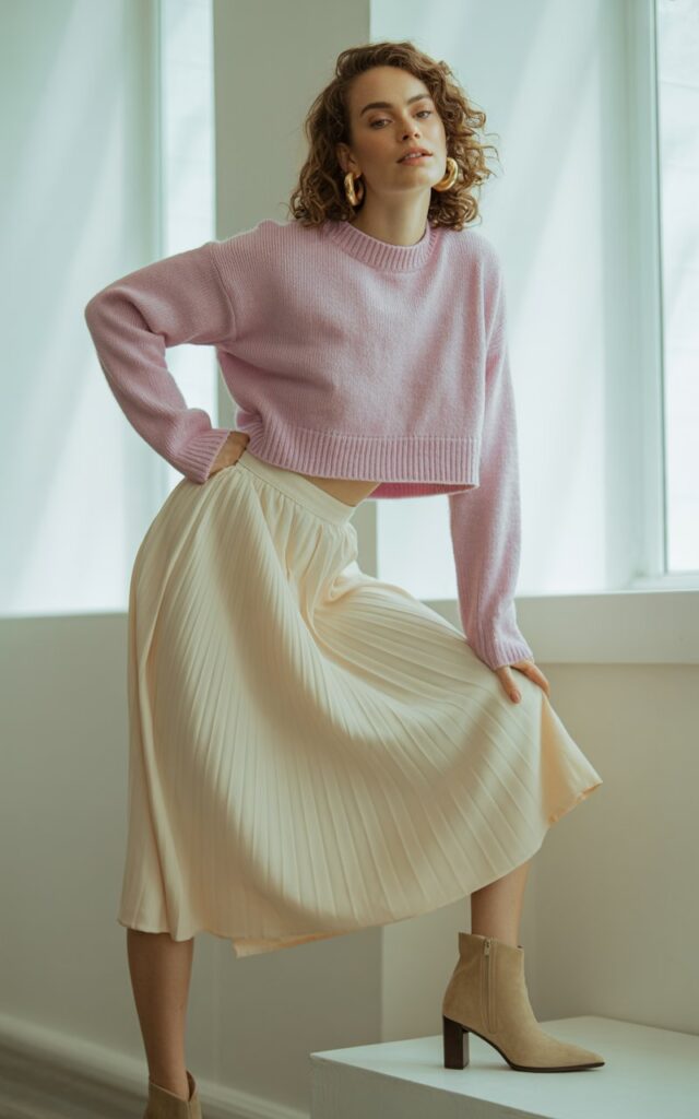Full-body view of a model wearing a pastel cropped sweater tucked into a pleated midi skirt, beige heeled ankle boots, and gold hoop earrings. Standing in a bright modern studio with soft window light. Hair in soft curls, light natural makeup. She is posing elegantly with one hand on her hip, smiling softly. Realistic editorial fashion style, visible textures on knit and skirt.