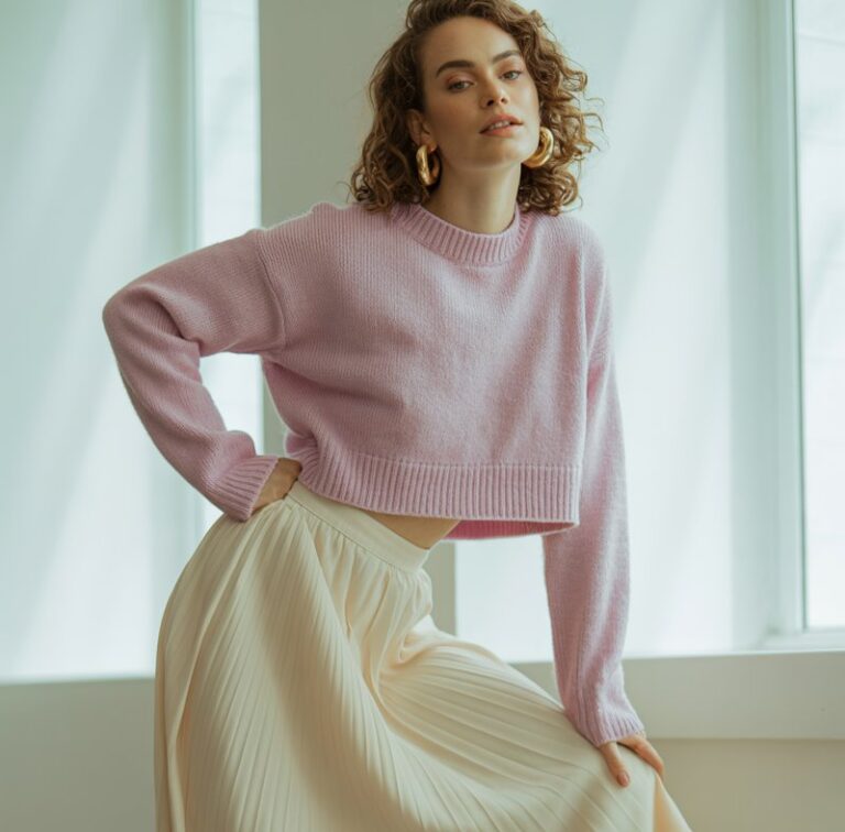 Full-body view of a model wearing a pastel cropped sweater tucked into a pleated midi skirt, beige heeled ankle boots, and gold hoop earrings. Standing in a bright modern studio with soft window light. Hair in soft curls, light natural makeup. She is posing elegantly with one hand on her hip, smiling softly. Realistic editorial fashion style, visible textures on knit and skirt.