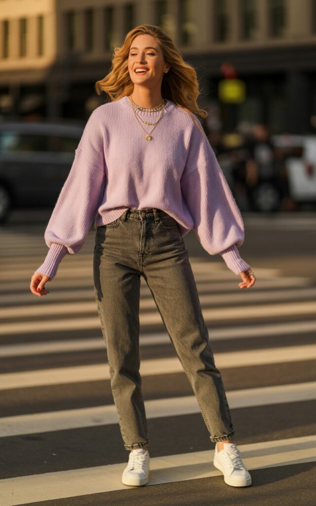 Full-body view of a model wearing a soft pastel balloon sleeve sweater tucked into high-waist jeans, white sneakers, and delicate gold jewelry. Standing on a city crosswalk during golden hour. Hair loose in beach waves, light makeup. Arms slightly raised, playful smile. Realistic textures on knit, soft shadows.