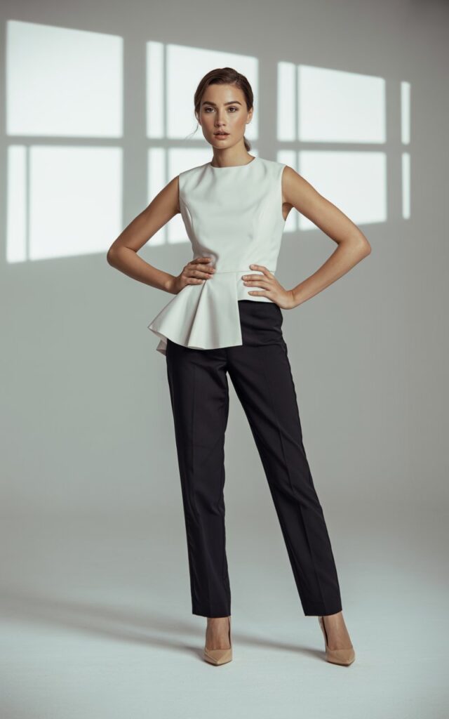 Full-body view of a model wearing a white peplum top with high-waisted black tailored trousers and nude heels. Studio background with soft diffused window light. Hair is in a polished low bun. She stands with hands on hips, looking confidently at the camera. Sharp details in fabric and natural skin textures captured realistically.