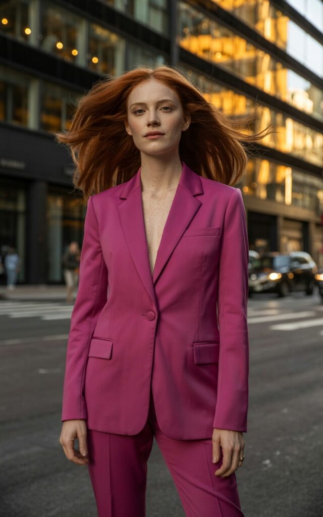 Full-body view of a model with auburn hair in a fuchsia tailored suit and black heels. Urban street setting with golden hour light reflecting off buildings. Standing confidently with arms relaxed, slight smirk, realistic skin and subtle imperfections. Suit fabric details clearly visible.