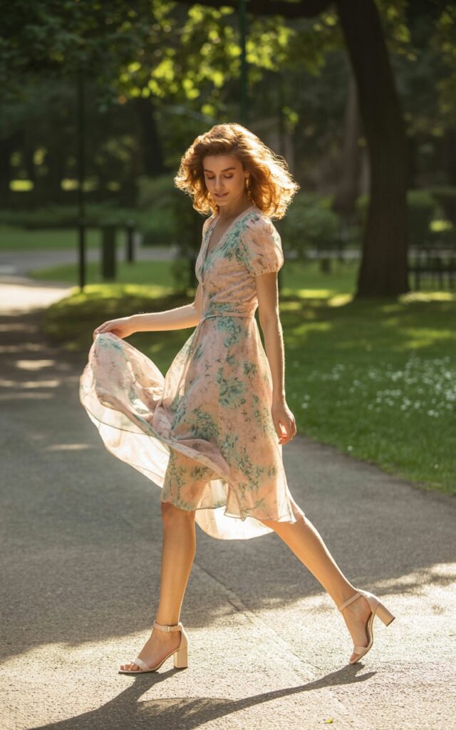 Full-body view of a model with light brown hair in loose curls, wearing a pastel floral midi dress with ankle-strap sandals. Walking in a sunny park during mid-morning natural light. Gentle smile, holding dress slightly while in motion. Editorial realism with realistic fabric movement, soft skin tones, and natural sunlight reflections.