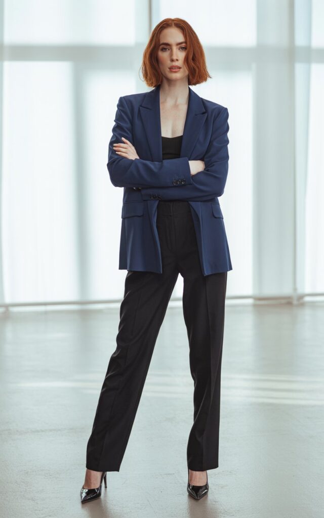 Full-body view of a model with shoulder-length red hair, wearing a bold navy blazer over a black fitted bodysuit, tailored pants, and pointed heels. Standing indoors in a bright studio with soft window light. Pose with crossed arms, confident expression. Skin texture and subtle makeup realistic; outfit details clearly visible.