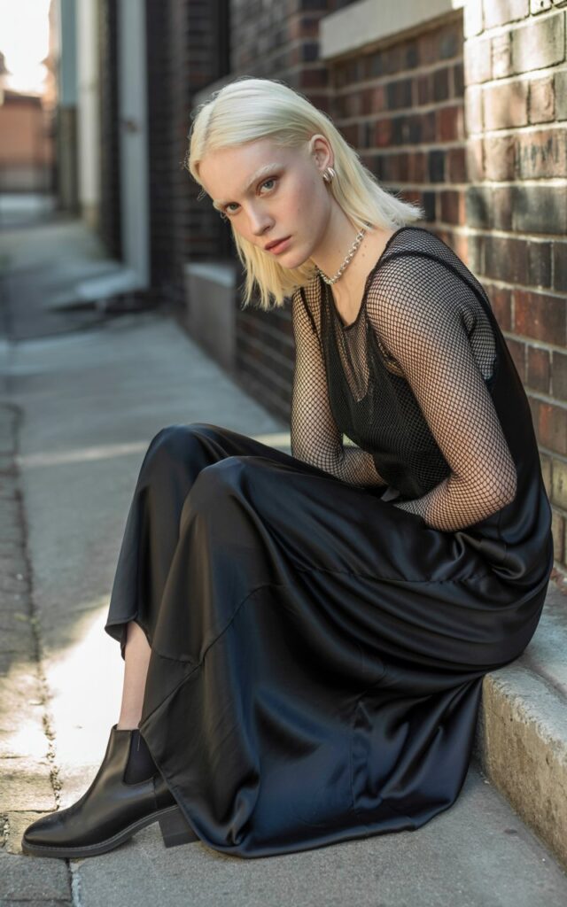 Full-body view of a pale-skinned model with straight platinum blonde hair, wearing a black mesh fishnet top under a silky black slip dress with ankle boots. Accessories stud earrings, delicate chain necklace. Pose leaning against a brick wall on an urban alleyway. Lighting soft morning daylight casting gentle shadows. Expression relaxed, head tilted slightly, natural skin texture and soft makeup.