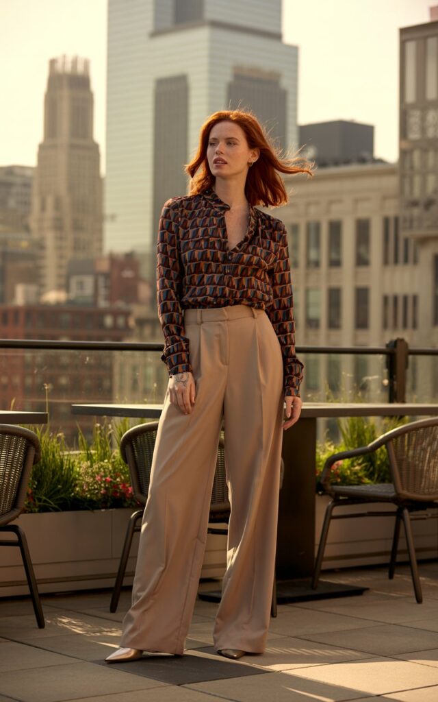 Full-body view of a red-haired model in a bold patterned blouse tucked into beige wide-leg trousers with pointed heels. Urban rooftop café at golden hour, city skyline in background. Pose with arms relaxed, looking candidly to the side. Realistic editorial textures on fabric and natural skin tones.
