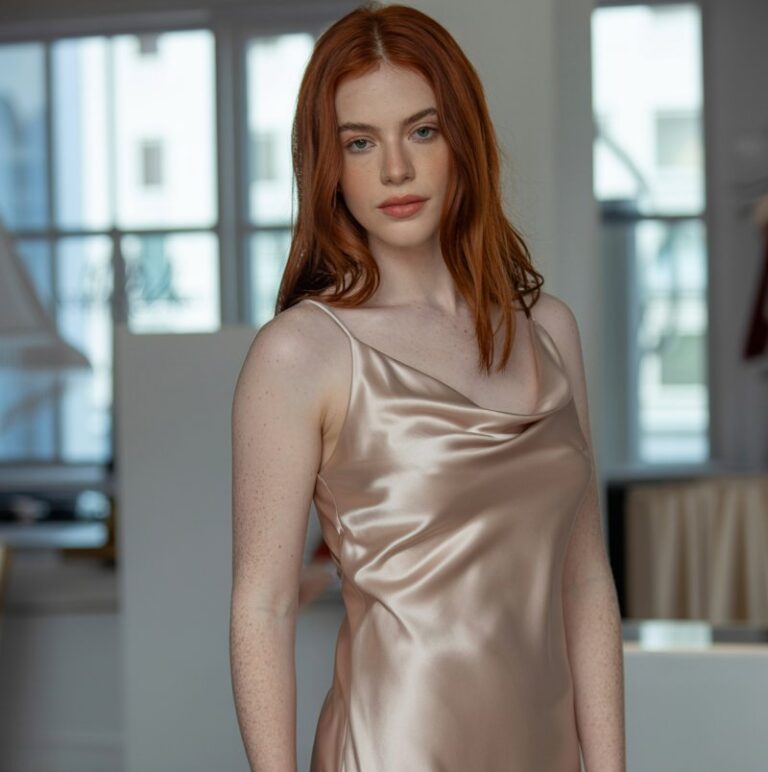 Full-body view of a red-haired model in a champagne satin slip dress with nude strappy heels. Indoor boutique studio with natural window light. Elegant standing pose, subtle smile, hands loosely at sides. Fabric drape, skin details, and realistic lighting captured.
