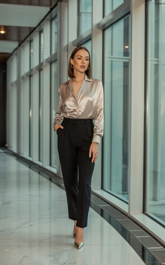 Full-body view of a white-skinned female model in a modern office corridor. Soft indoor lighting highlights her champagne satin blouse tucked into black tailored pants, pointed heels, and subtle gold jewelry. Hair sleek and straight, makeup elegant and polished. She stands with one hand on her hip, projecting confidence.