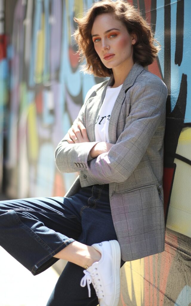 Full-body view of a white-skinned female model leaning against a mural wall. Natural daylight illuminates a gray plaid blazer over a white graphic tee, paired with dark jeans and sneakers. Hair in casual waves, makeup minimal with soft blush. She crosses her arms casually, looking confidently at the camera.