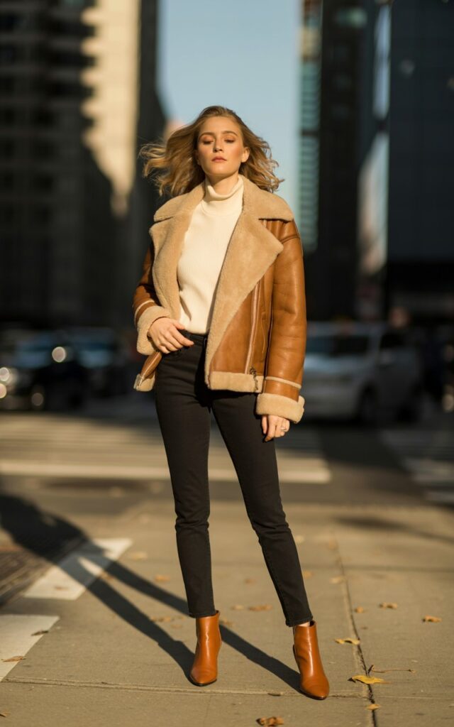 Full-body view of a white-skinned female model posing on a city sidewalk. Morning light reveals a tan shearling jacket layered over a cream turtleneck, black skinny jeans, and brown boots. Hair flowing naturally, makeup minimal. She looks over her shoulder with a relaxed, stylish expression.