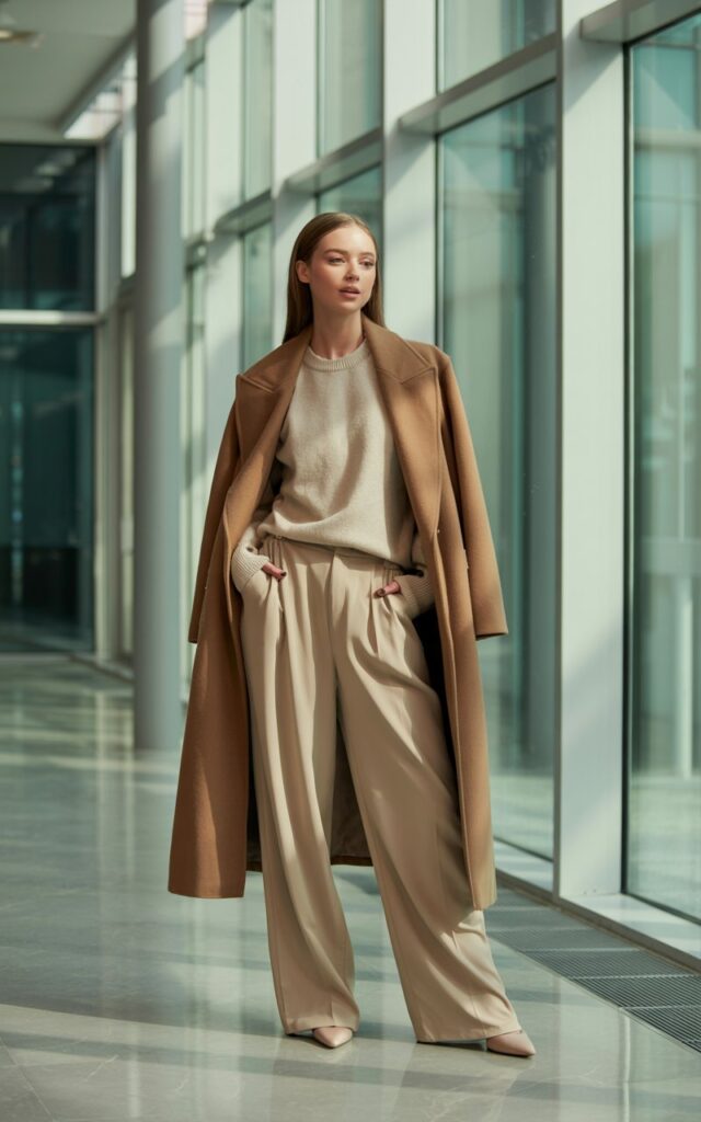 Full-body view of a white-skinned female model standing in a modern office lobby. Soft indoor window light showcases her camel wool coat over a cream sweater and high-waisted beige wide-leg trousers, with pointed-toe heels. Hair in a sleek straight style, soft matte makeup. She stands elegantly, one hand in pocket, exuding professional sophistication.
