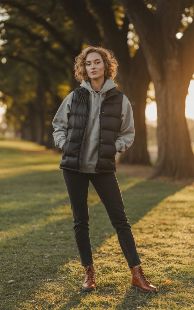 Full-body view of a white-skinned female model standing in a park during golden hour. She wears a black puffer vest over a gray hoodie, dark skinny jeans, and lace-up boots. Hair in natural waves, minimal makeup. She stands with hands tucked into the vest, exuding sporty casual charm.