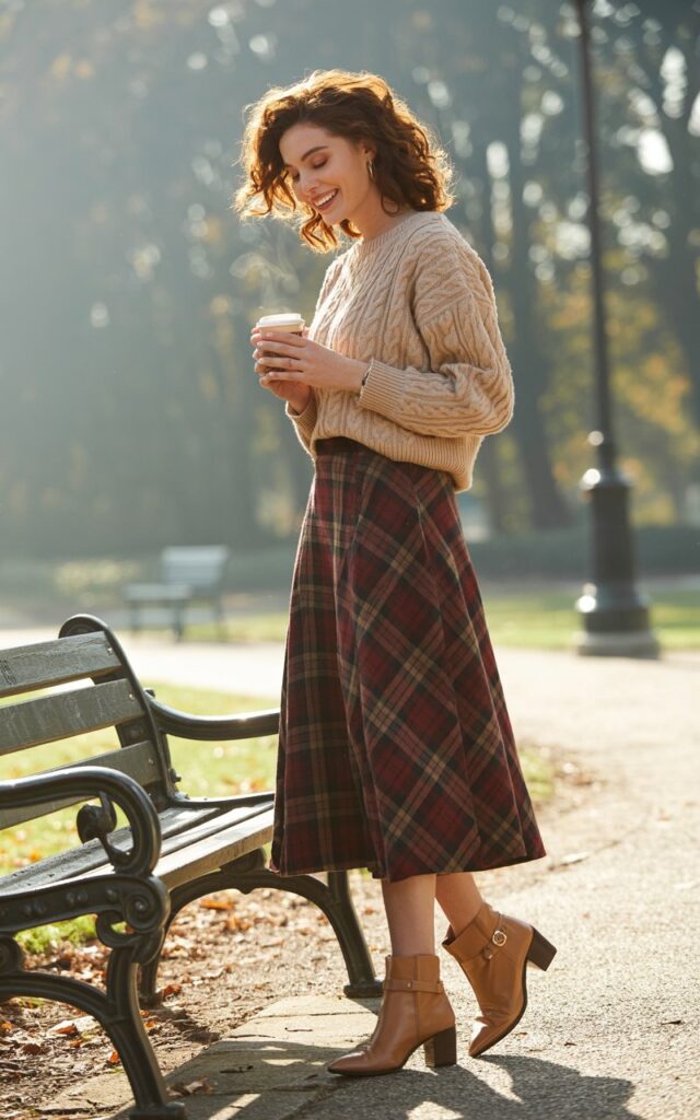 Full-body view of a white-skinned female model standing near a park bench. Morning light highlights her brown plaid midi skirt, tucked-in cream sweater, and tan ankle boots. Hair is soft curls, makeup neutral with a rosy glow. She holds a cup of coffee, looking down with a playful smile, natural and inviting.