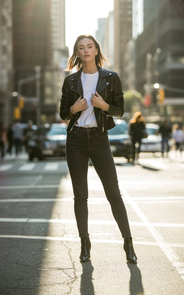 Full-body view of a white-skinned female model standing on a city street corner. Sunlight highlights a black leather jacket over a white tee and dark skinny jeans, paired with black ankle boots. Hair sleek, slightly tousled, makeup natural. She stands with one hand in her pocket, projecting edgy confidence.