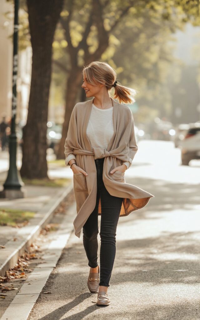 Full-body view of a white-skinned female model strolling down a tree-lined street. Soft morning light reveals a beige belted cardigan over a white tee, dark skinny jeans, and taupe loafers. Hair in a casual ponytail, light natural makeup. She walks with a slight bounce in her step, hands in pockets, exuding cozy street-style vibes.