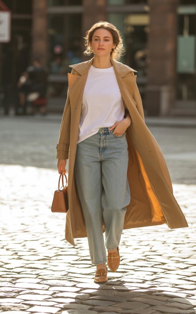 Full-body view of a white-skinned female model walking across a cobblestone street. Sunlight glints off her camel trench coat layered over a white tee and light-wash jeans, with tan loafers and a structured handbag. Hair is in a low, loose bun, minimal makeup. She strides confidently, looking straight ahead with a natural, elegant expression.