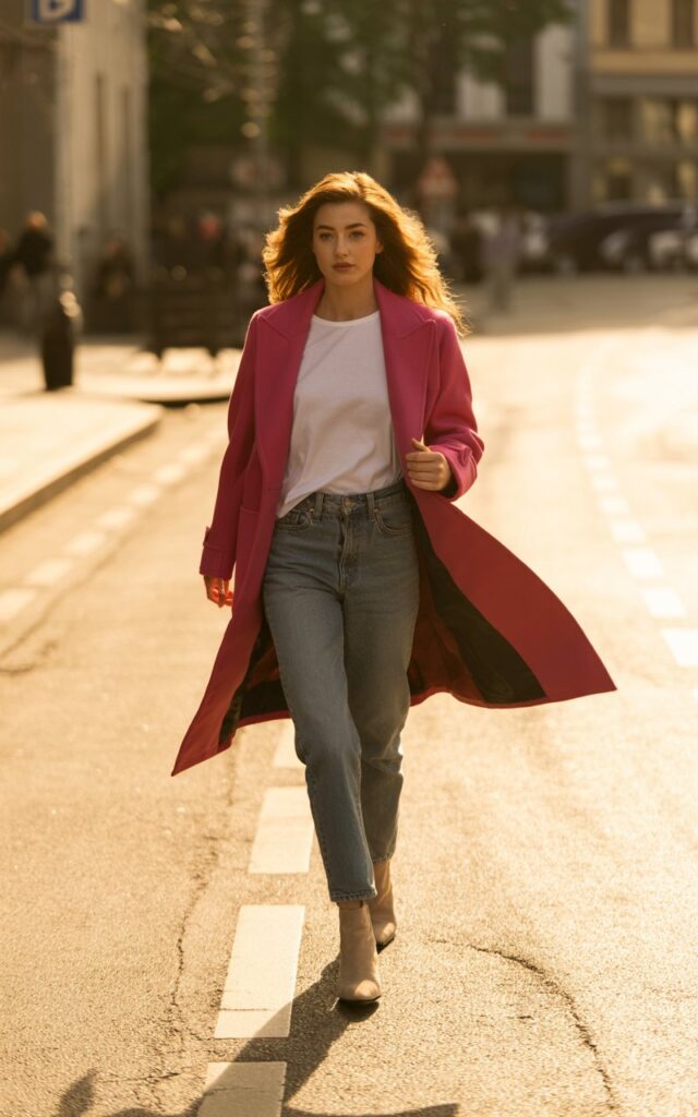 Full-body view of a white-skinned female model walking along a quiet street at golden hour. She wears a bright red long coat over a white tee, blue jeans, and beige ankle boots. Hair in loose waves, makeup subtle and natural. She strides confidently, head slightly turned, exuding effortless glamour.