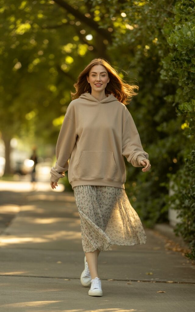 Full-body view of a white-skinned female model walking down a leafy sidewalk. Soft natural light shows a neutral oversized hoodie paired with a patterned midi skirt and white sneakers. Hair in loose waves, natural makeup with a fresh glow. She smiles softly, hands swinging naturally as she walks.