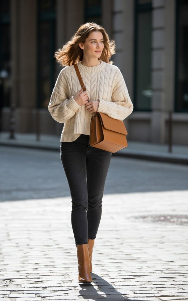 Full-body view of a white-skinned female model with a symmetrical face, sharp features, and fit body wearing a chunky cream knit sweater tucked slightly in a pair of dark skinny jeans, brown ankle boots, and a leather crossbody bag. She stands on an urban city street with cobblestone pavement, soft daylight illuminating her outfit. Hair loose with natural waves, minimal makeup. She’s walking confidently, looking to the side with a slight smile. Authentic realism skin texture visible, natural hair flow, editorial vibe.