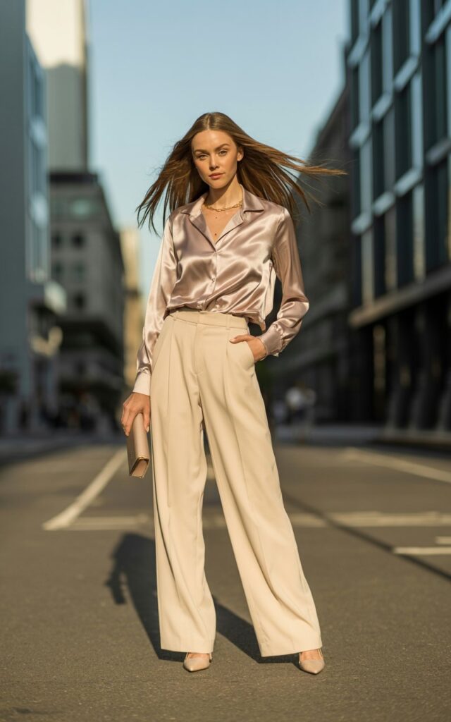 Full-body view of a white-skinned female model with a symmetrical face, sharp features, and long, flowing hair. She wears a shiny champagne satin blouse tucked into cream wide-leg pants with nude heels. Standing on an urban street with soft golden hour light, she poses confidently with one hand in her pocket and a subtle smile. Accessories include a delicate gold necklace and a small clutch. Authentic skin texture, natural hair flow, and soft makeup.