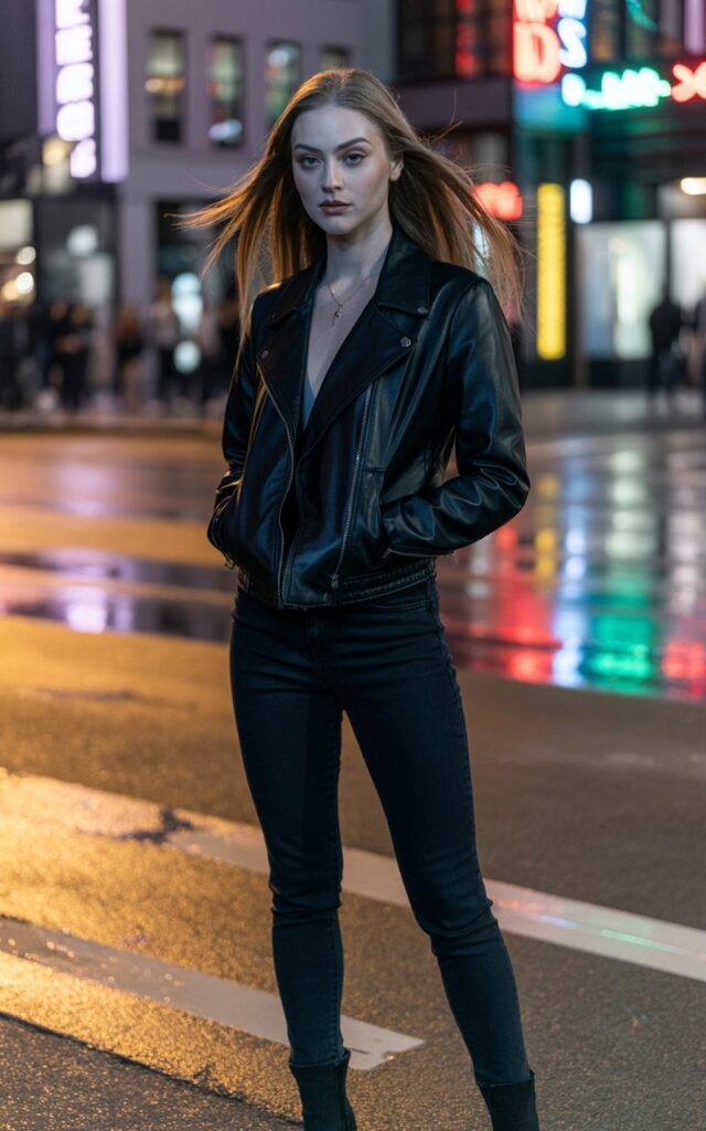 Full-body view of a white-skinned female model with sharp features and long straight hair, wearing a black leather jacket, black skinny jeans, and ankle boots. Urban nighttime street with neon signs in the background. Soft golden hour lighting reflecting off the leather. Model standing confidently, hands in pockets, slight smirk. Realistic skin texture, natural hair movement, subtle makeup, slight imperfections.